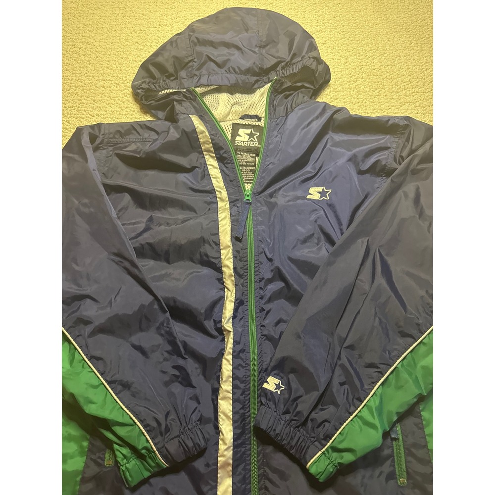 Starter VTG Windbreaker Navy Blue Green Hooded Full‎ Zip Jacket XL 18-20 Retro